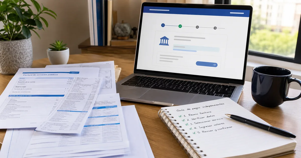 Documentos de pago y portátil preparados para revisar una obligación de Banco Caja Social.