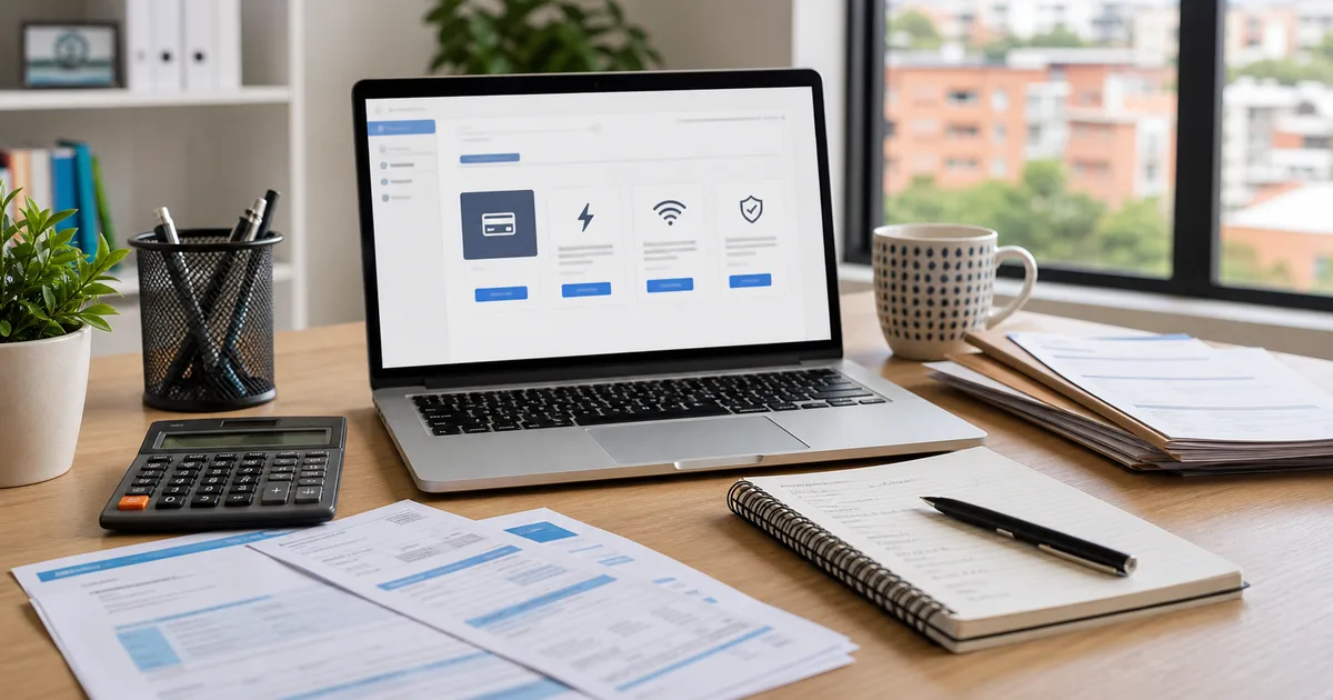 Portátil, calculadora y documentos para organizar pagos de productos y convenios.