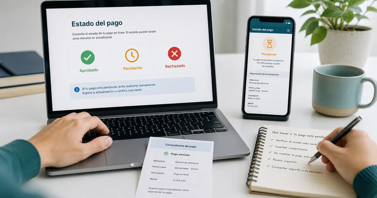Persona revisando un pago PSE pendiente con comprobante, reloj y estado del banco.